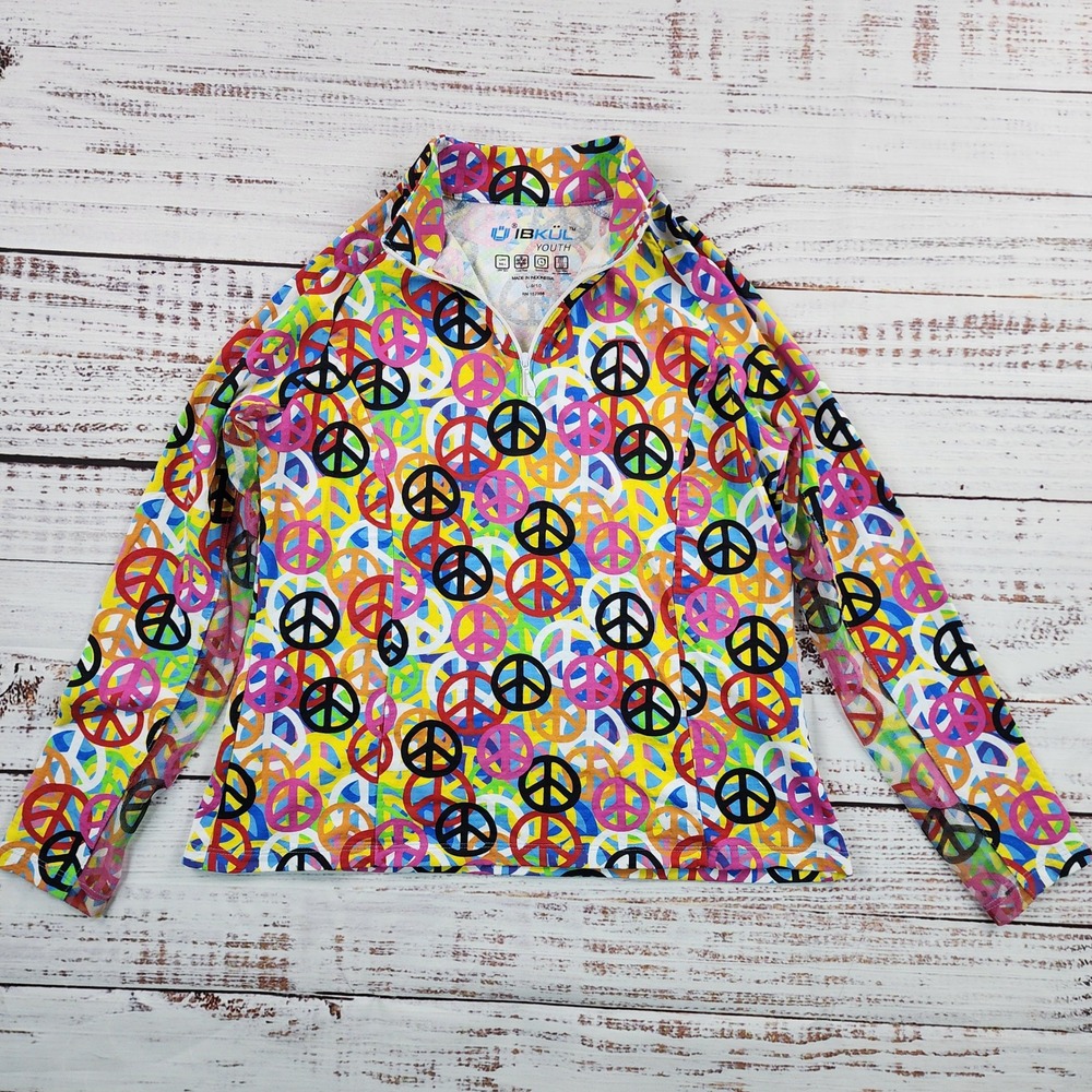 IBKUL Youth Peace Sign Print 1/4 Zip Long Sleeve Sun Shirt Multicolor L 9/10